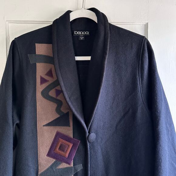Vintage 80s Beppa Wool Folk Art Applique Trench Coat - Picture 4 of 7